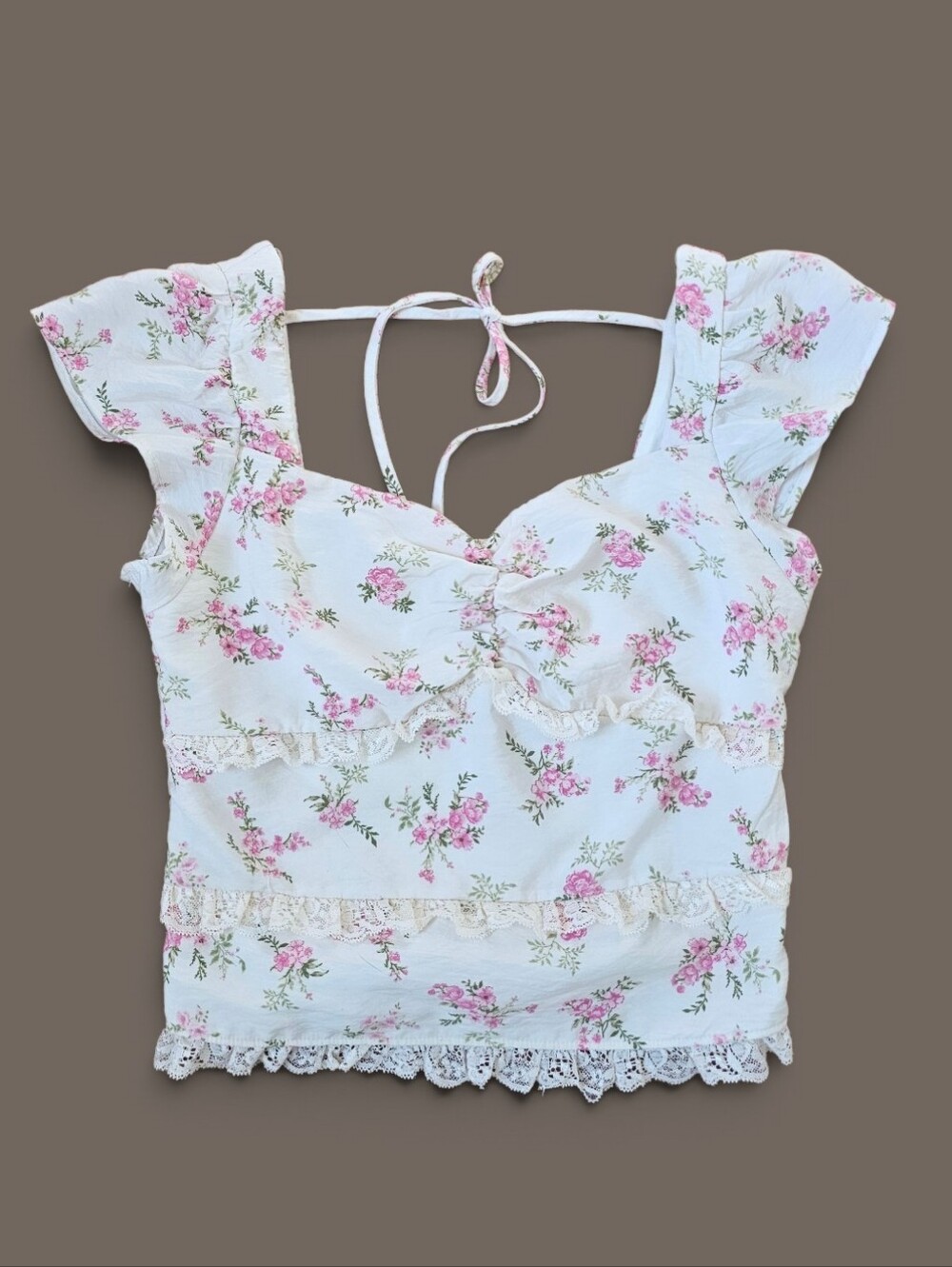 Kirious Florar Lace Trim Crop Top Pink White Coquette Cottagecore, Size XS